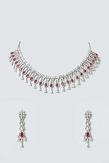 White Finish Red Stones Necklace Set