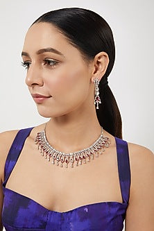 White Finish Red Stones Necklace Set