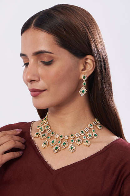 Gold Finish Zircon & Green Stones Necklace Set