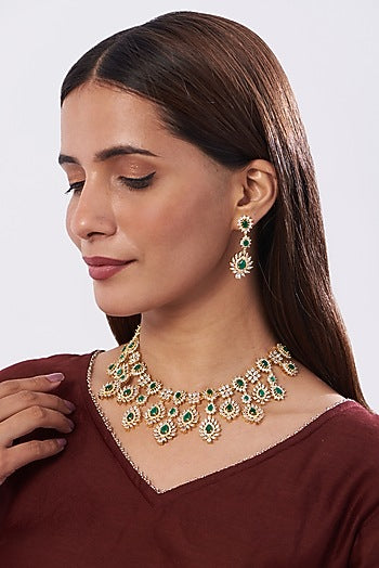 Gold Finish Zircon & Green Stones Necklace Set