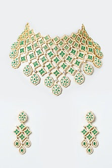 Gold Finish Green Synthetic Stone Choker Necklace Set