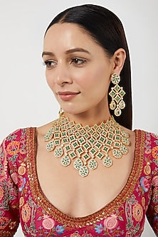 Gold Finish Green Synthetic Stone Choker Necklace Set