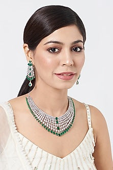 White Finish Zircon & Emerald Choker Necklace Set