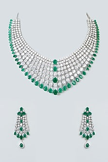 White Finish Zircon & Emerald Choker Necklace Set