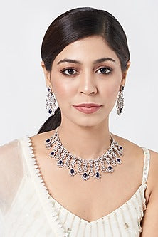 White Finish Blue Synthetic Stone & Zircon Necklace Set