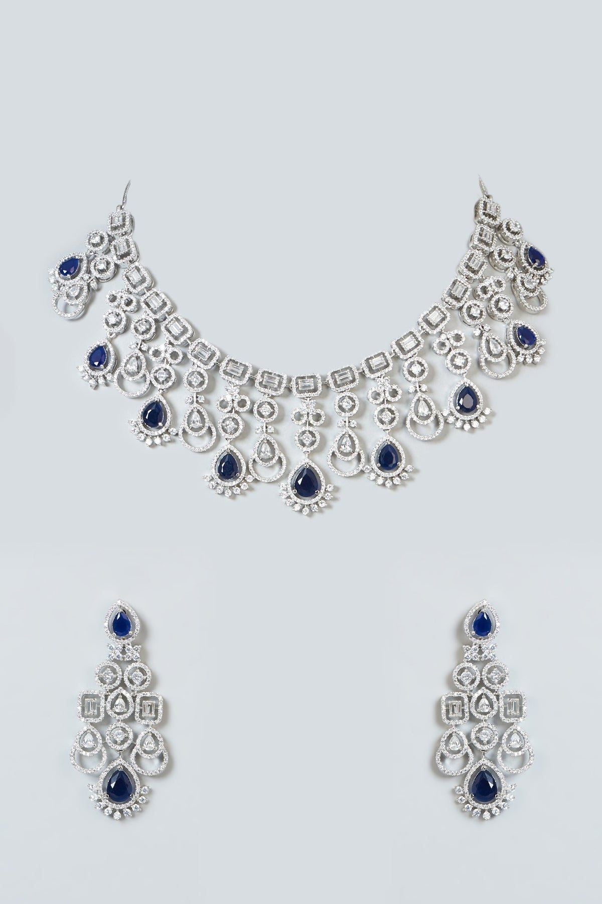White Finish Blue Synthetic Stone & Zircon Necklace Set