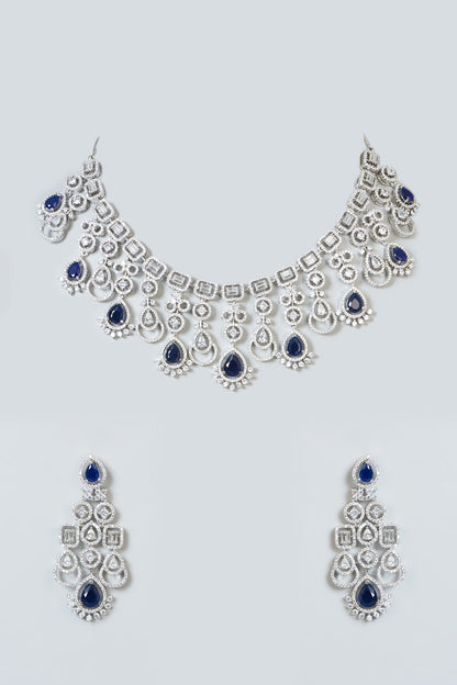 White Finish Blue Synthetic Stone & Zircon Necklace Set