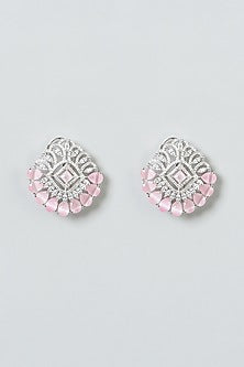 White Finish Zircon & Pink Stones Stud Earrings