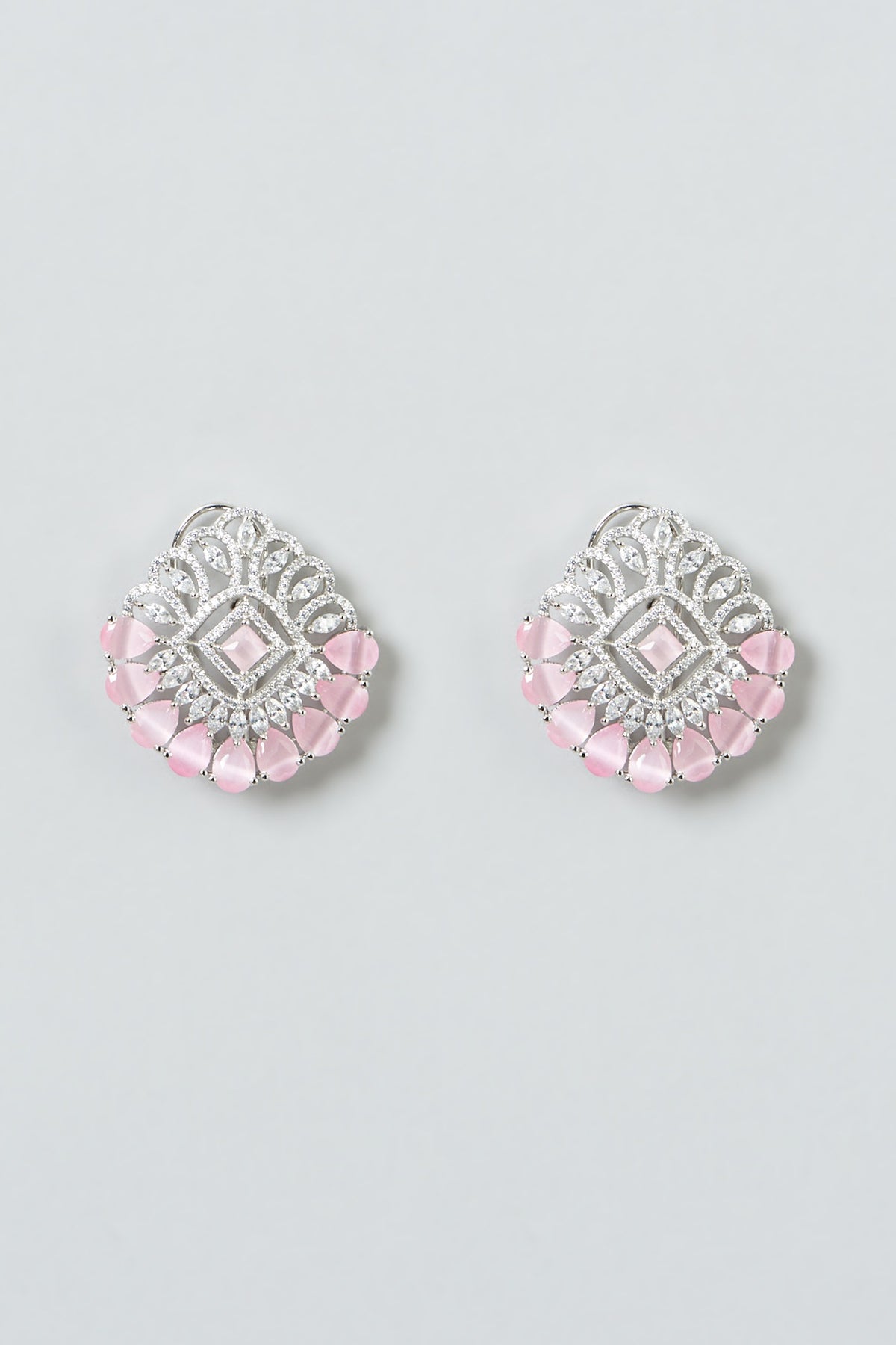White Finish Zircon & Pink Stones Stud Earrings