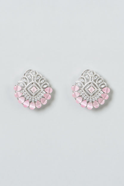 White Finish Zircon & Pink Stones Stud Earrings