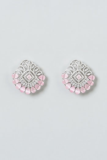 White Finish Zircon & Pink Stones Stud Earrings