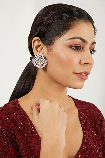 White Finish Zircon & Pink Stones Stud Earrings