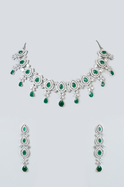 White Finish Zircon & Green Stone Necklace Set