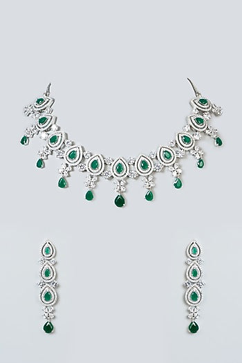 White Finish Zircon & Green Stone Necklace Set