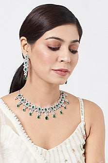 White Finish Zircon & Green Stone Necklace Set