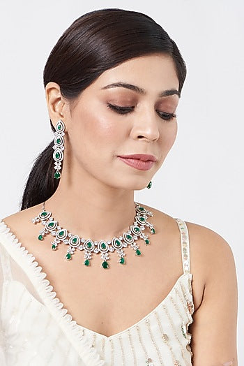 White Finish Zircon & Green Stone Necklace Set
