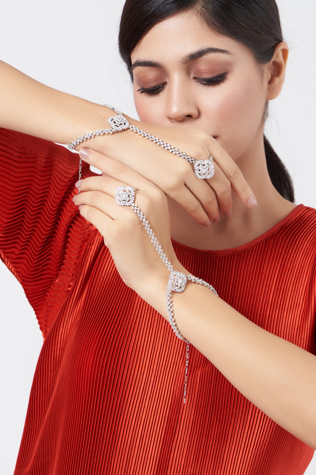 White Finish Zircon Hand Harness (Set of 2)