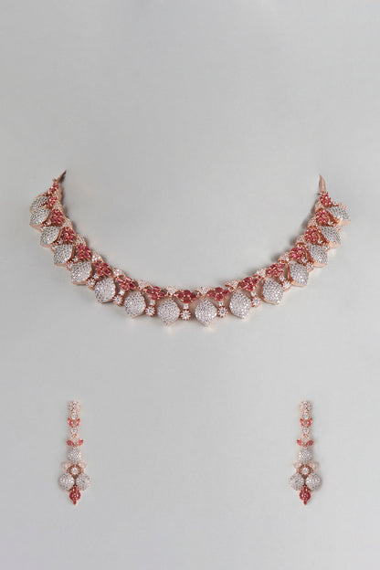 Rose Gold Finish Zircon & Red Stones Necklace Set