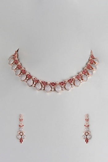 Rose Gold Finish Zircon & Red Stones Necklace Set