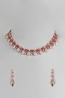 Rose Gold Finish Zircon & Red Stones Necklace Set