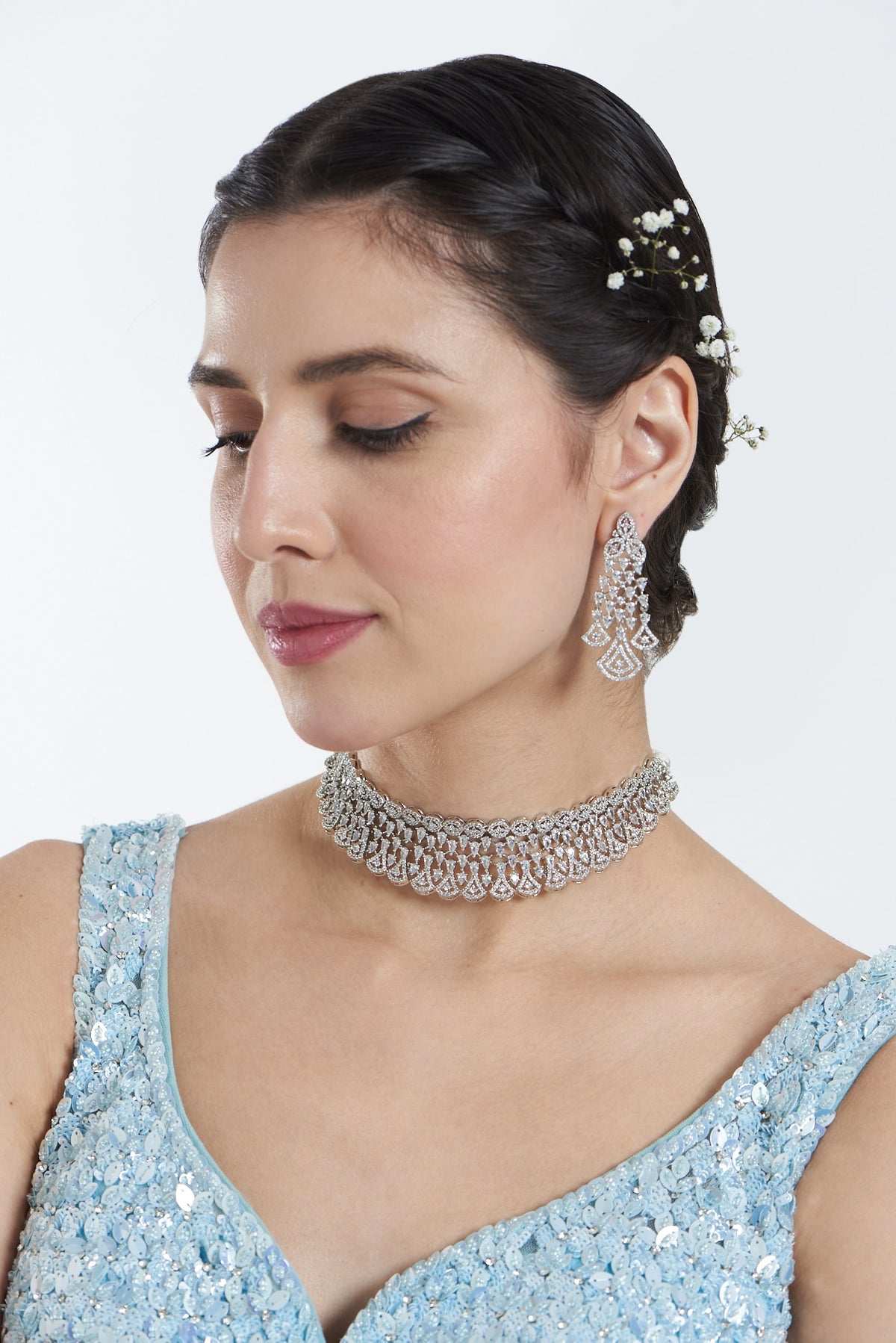 White Finish Zircon Choker Necklace Set