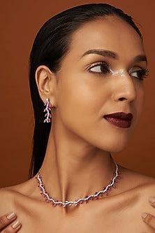 White Finish Zircon & Pink Stone Necklace Set