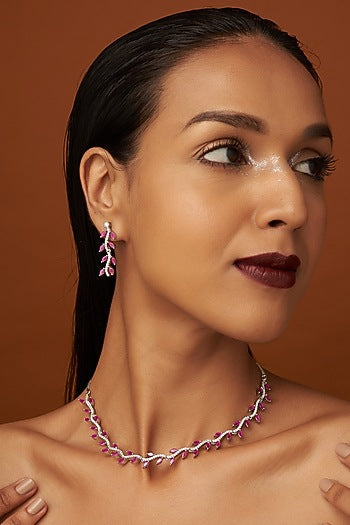 White Finish Zircon & Pink Stone Necklace Set