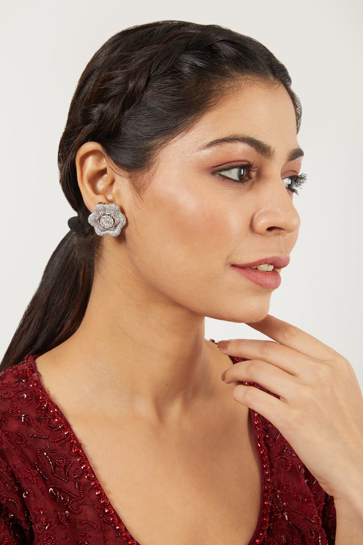 White Finish Zircon Stud Earrings