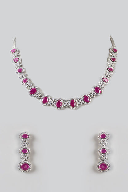 White Finish Zircon & Ruby Necklace Set