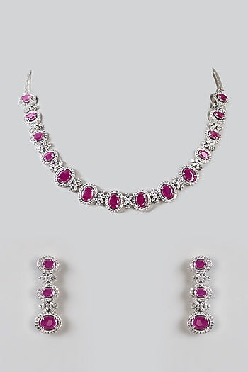 White Finish Zircon & Ruby Necklace Set