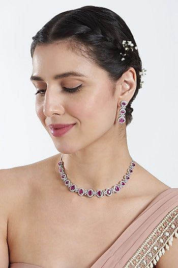 White Finish Zircon & Ruby Necklace Set