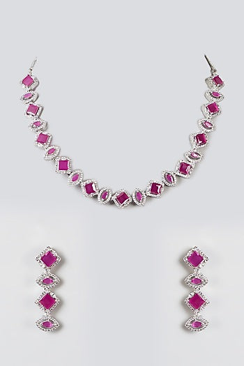 White Finish Zircon & Ruby Necklace Set