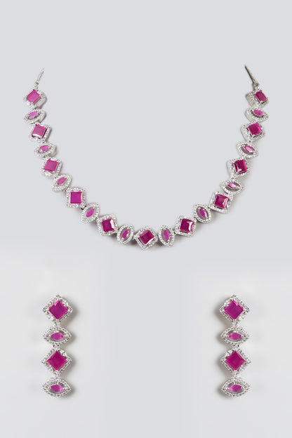 White Finish Zircon & Ruby Necklace Set