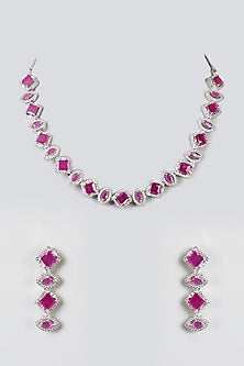 White Finish Zircon & Ruby Necklace Set