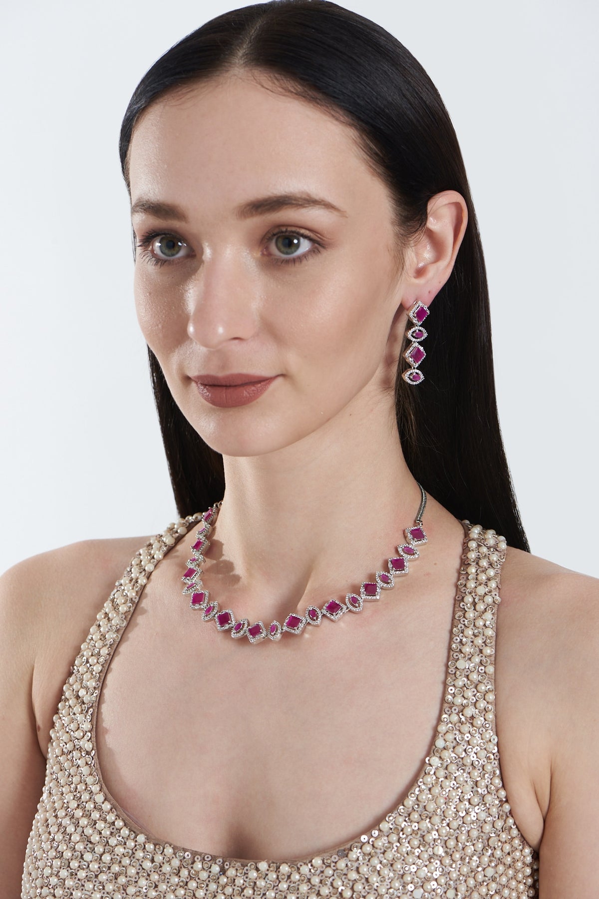 White Finish Zircon & Ruby Necklace Set