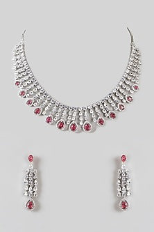 White Finish Zircon & Ruby Necklace Set