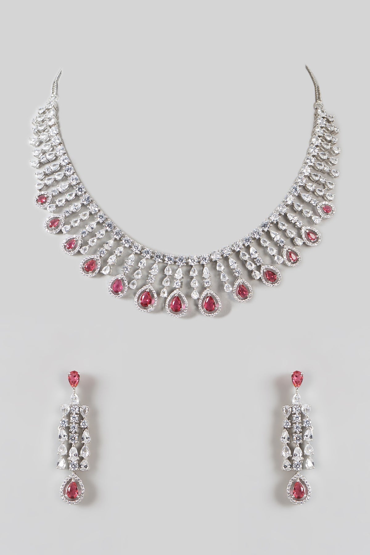 White Finish Zircon & Ruby Necklace Set