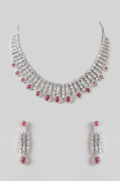 White Finish Zircon & Ruby Necklace Set