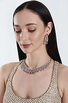 White Finish Zircon & Ruby Necklace Set