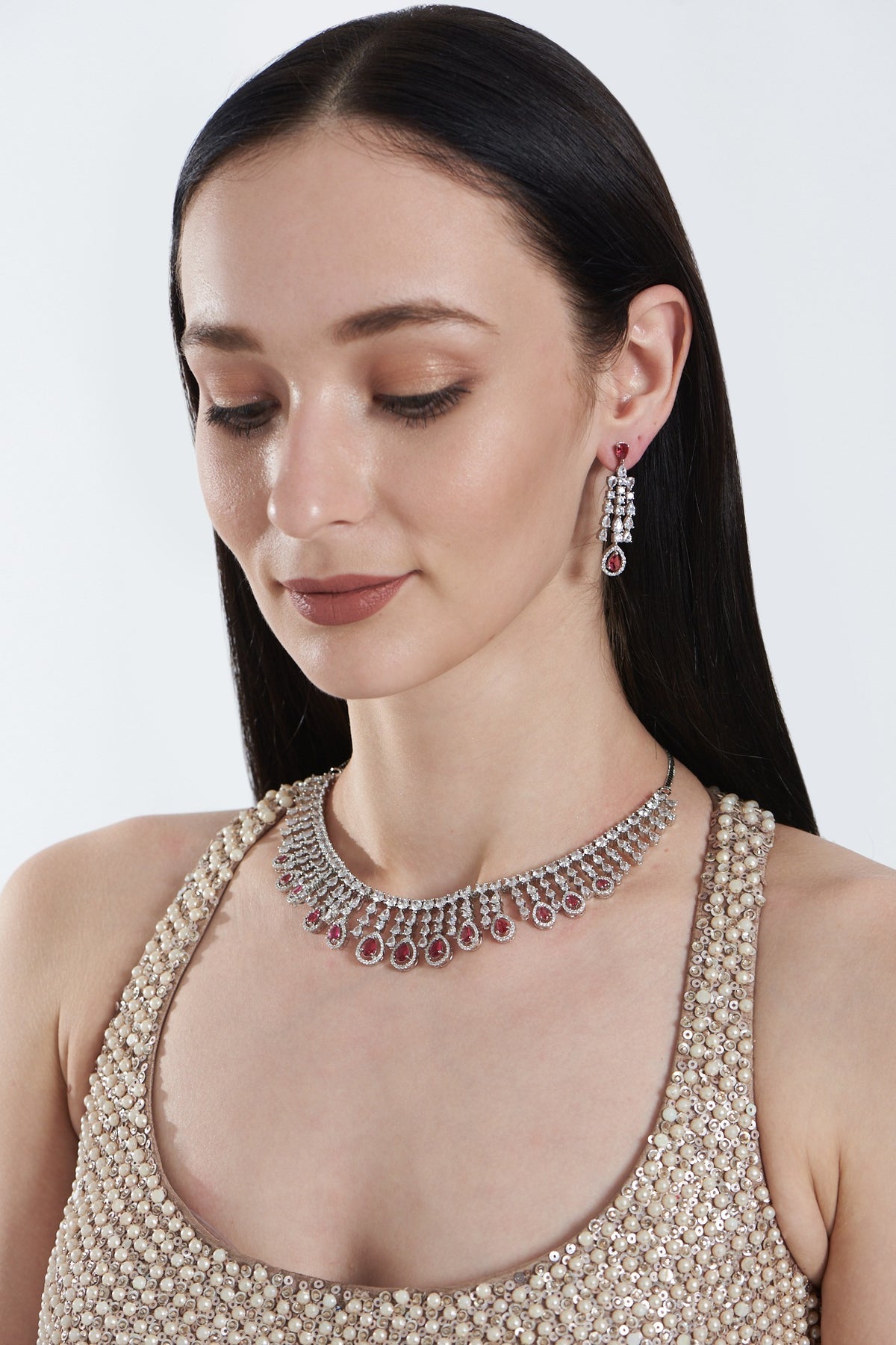 White Finish Zircon & Ruby Necklace Set