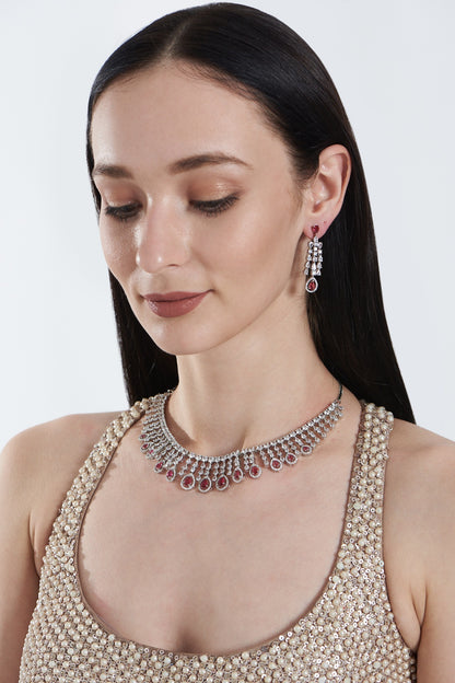 White Finish Zircon & Ruby Necklace Set