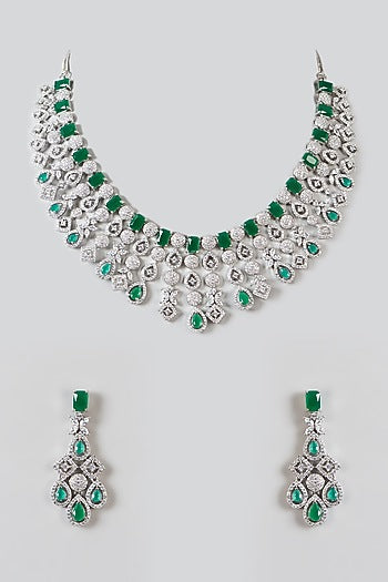 White Finish Zircon & Emerald Necklace Set