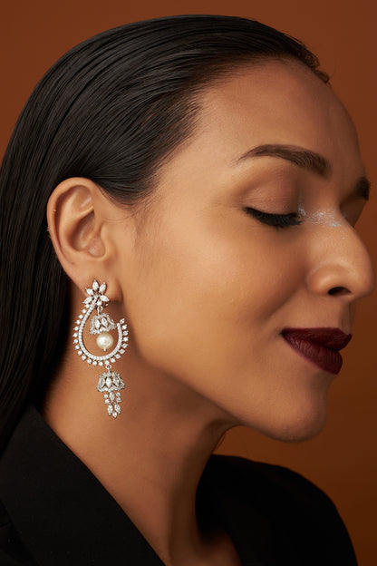 White Finish Pearl & Zircon Dangler Earrings