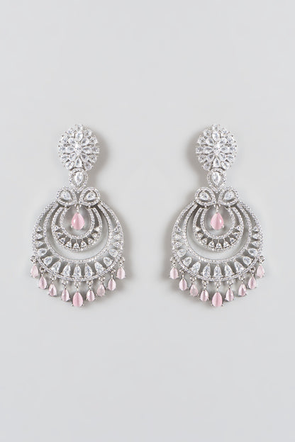 White Finish Zircons & Pink Stone Dangler Earrings