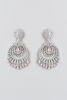 White Finish Zircons & Pink Stone Dangler Earrings