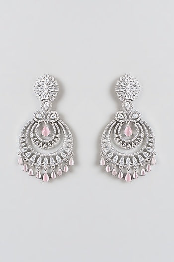 White Finish Zircons & Pink Stone Dangler Earrings