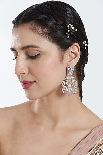 White Finish Zircons & Pink Stone Dangler Earrings