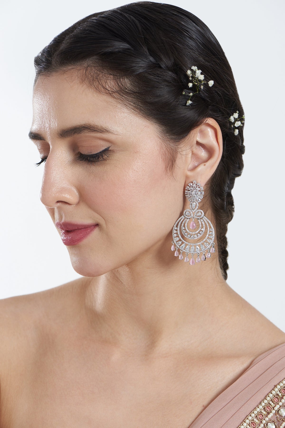White Finish Zircons & Pink Stone Dangler Earrings