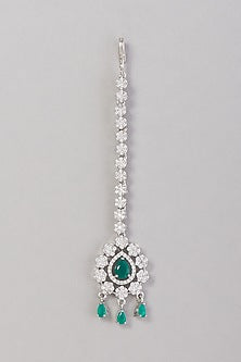 White Finish Zircon & Green Stone Maangtikka