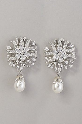 White Finish Zircon & Pearl Dangler Earrings
